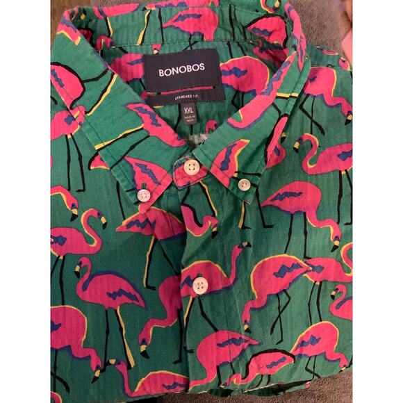 Bonobos Men’s Xl Shirt Green Pink Flamingo Casual Button Down Hawaiian Beach - Picture 8 of 11